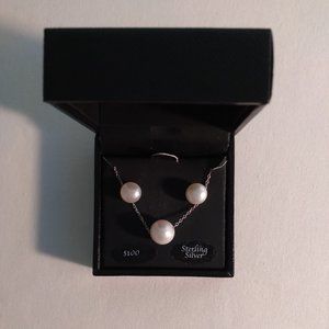Cultured White Pearl Necklace & Earrings Sterling Silver Set